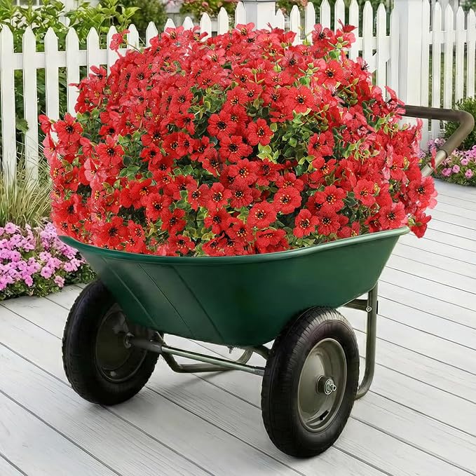 13 Bundles Artificial Flowers for Outdoors Summer Decoration | Silk Realistic UV Resistant Fake Plants Faux Flowers for Outside Planter Porch Yard Patio Garden Home Indoor, Red