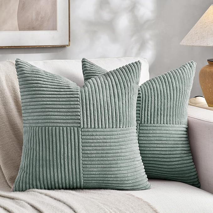 Fancy Homi 2 Packs Grey Blue Euro Decorative Throw Pillow Covers 28x28 Inch for Couch Bed Sofa, Rustic Farmhouse Boho Home Decor, Soft Corss Corduroy Patchwork Textured Square Cushion Case 71x71 cm