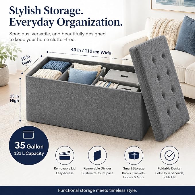 ALASDO 43 Inch Folding Storage Ottoman Bench with Hidden Storage, PU Leather Ottoman Foot Rest Stool, End of Bed Bench for Bedroom, Living Room, Entryway and Closet, Grey
