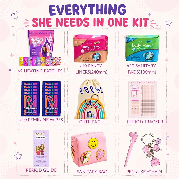 Period Kit for Tweens - First Period Kit for Girls 9-12 10-14 for School- Comfort Fit Feminine Pads Designed for Tween Teens Needs- Period Bags for Teen (Pink)