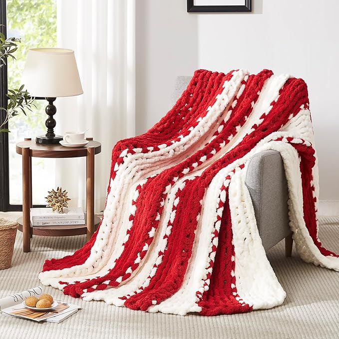 L'AGRATY Chunky Knit Throw Blanket for Couch, 72 x 84 Inches, Red White | Handmade Chenille Crochet Blanket for Sofa Bed, Thick Cable Knitted Blankets for Room Home Decor, Birthday Gift for Women Mom