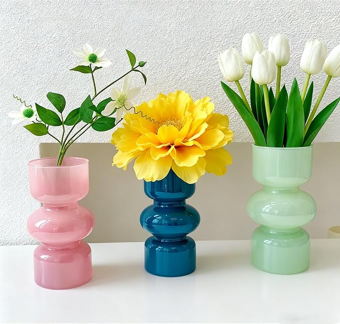 JSPYFITS Glass Hydroponic Flower Vase, 7 Inches Colored Glass Bubble Vase for Flower, Three-Layer Glassvase Funky Vase for Home/Office/Weddings/Party Table Flower Decor (Dark Green)