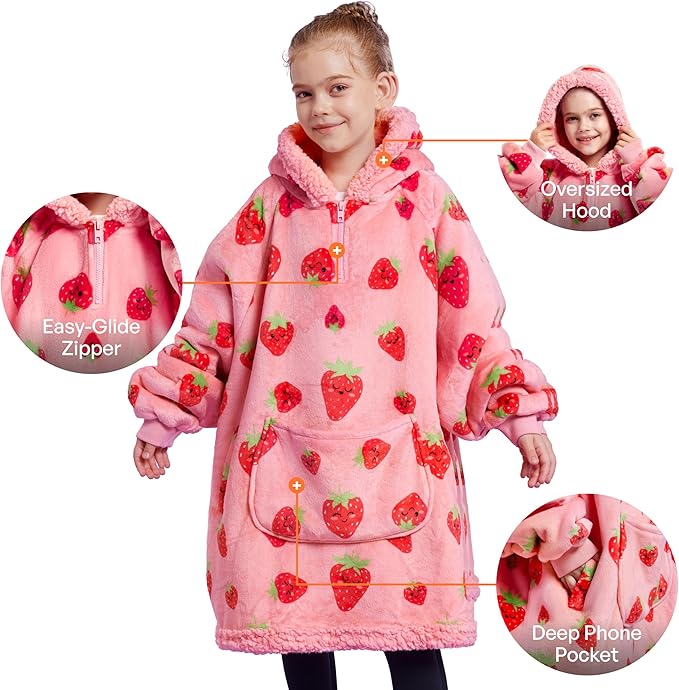 Giggling Getup Wearable Blanket Hoodie for Girls and Boys Warm Cozy Sherpa Fleece Hooded Blanket Sweatshirt Oversized Hoodie with Giant Pocket & Sleeves for Kids Strawberry
