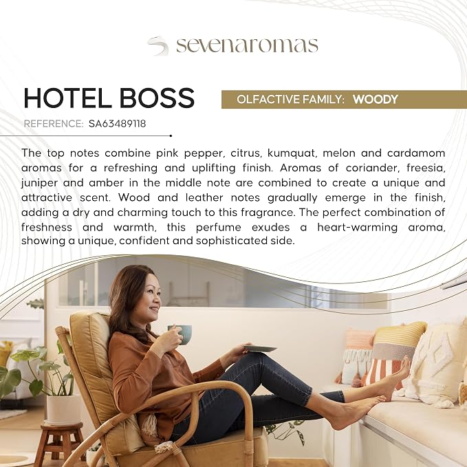 SevenAromas Hotel Boss | 45ml 1.5oz Hotel Scent Diffuser Oil | Woody | Sandalwood, Cocoa & Pink Pepper | Luxury Hotel Aromatherapy