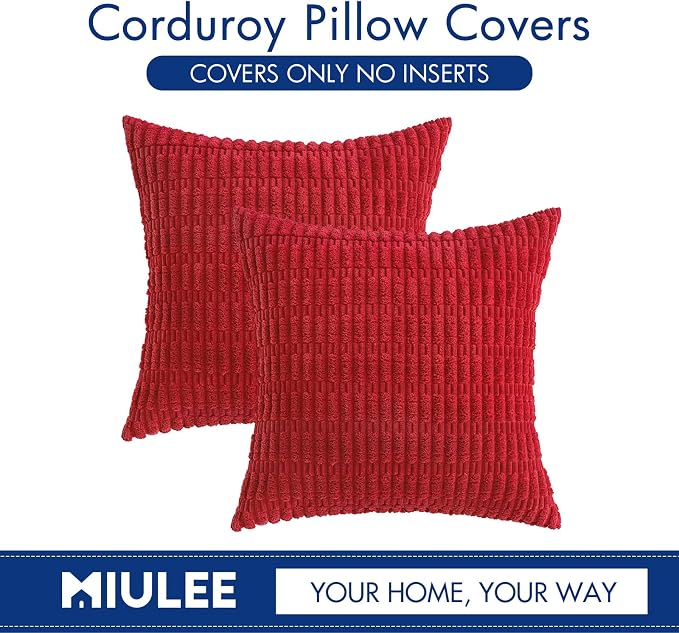 MIULEE Corduroy Decorative Throw Pillow Covers 16x16 Red Pack of 2 | Soft Boho Striped Pillow Covers Modern Farmhouse Home Decor For Sofa Living Room Couch Bed