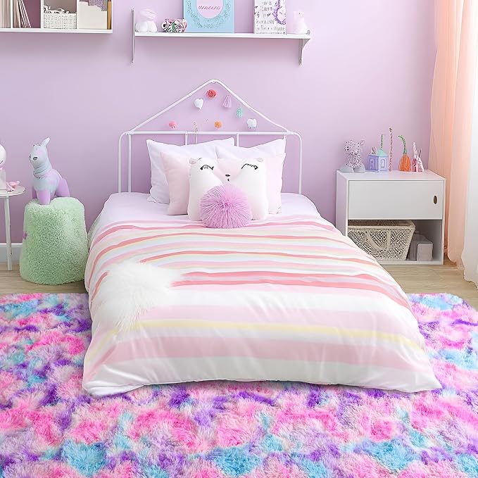 Tepook Pink Blue Purple Area Rug for Girls Room, Fluffy 8x10 Cute Soft Colorful Kids Rugs for Bedroom Dorm Classroom Nursery Playroom, Fuzzy Shaggy Rainbow Princess Carpet for Toddler Home Decor