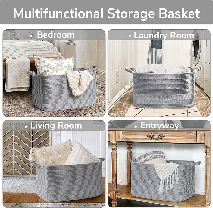 Goodpick Large Woven Rope Blanket Basket, Rectangle, Gray, 75L | 21.6'' x 14.9'' x 11.8'' Storage Basket for Toys, Blankets & Towels, Living Room & Nursery Organization, Reinforced Handles