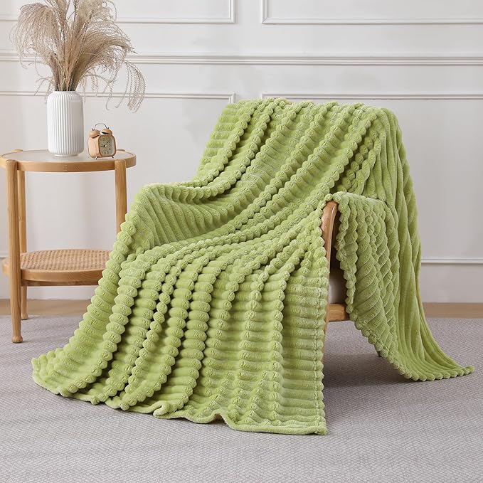 Moss Green Throw Blanket for Couch Sofa 60x80 inches Striped Design | Fleece Blankets Room Home Decor Lightweight Plush Soft Cozy Gifts for Women Mom