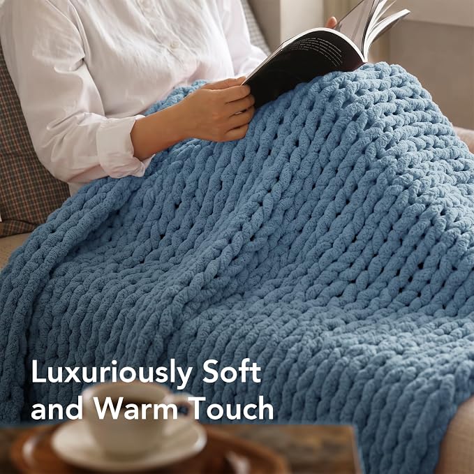 L'AGRATY Chunky Knit Throw Blanket for Couch, 50 x 70 Inches, Airy Blue | Handmade Chenille Crochet Blanket for Sofa Bed, Thick Cable Knitted Blankets for Room Home Decor, Birthday Gift for Women Mom