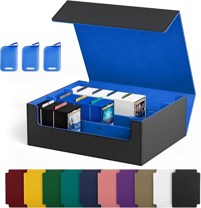 UAONO Trading Card Storage Box, Holds 1800 Sleeved Cards with 10 Dividers & 3 Stoppers, Magnetic Closure PU Leather Card Case for MTG, PTCG, YGO, Sports Cards (Black&Blue)