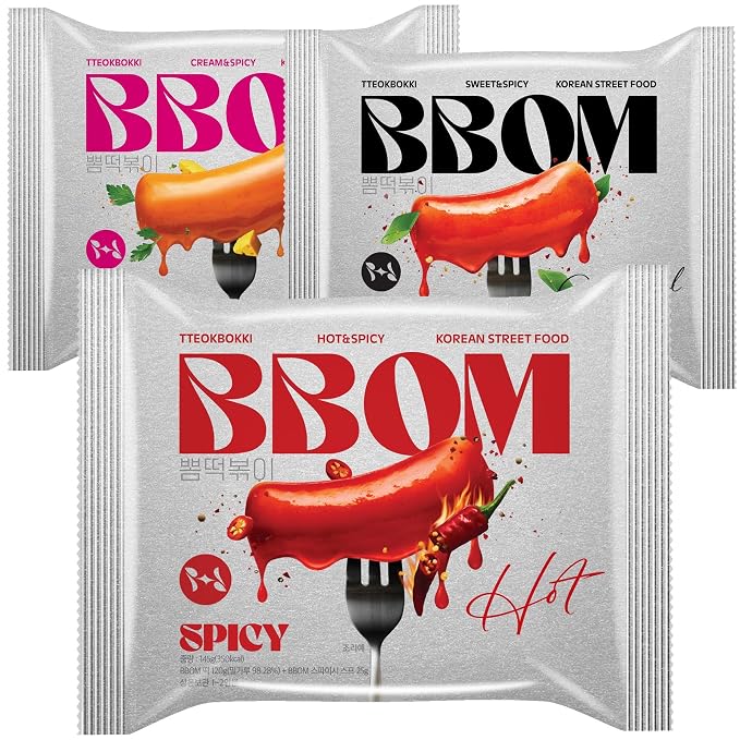 BBOM Korean Tteokbokki Rice Cake – Instant Variety Pack (Sweet, Spicy & Rose) | 3 Pouches x 5.19oz (147g)