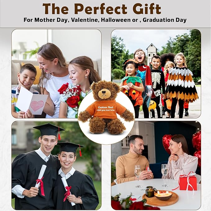 Customized Chocolate Brandon Bear - 12 inch Personalized Stuffed Bear Plush Toy - Perfect Custom Shirt Bear Gift for Graduation Valentines Graduation Easter Holidays (Orange Shirt)