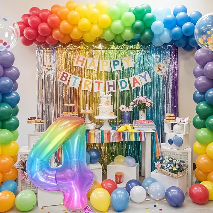 Foil 4 Balloon, Rainbow Number 4 Balloons for Kids Birthday Party Decor, 40'' Mylar Helium Self Inflating Multicolor Colorful Number Four Balloon for Girls 4th Birthday Party Anniversary Decorations