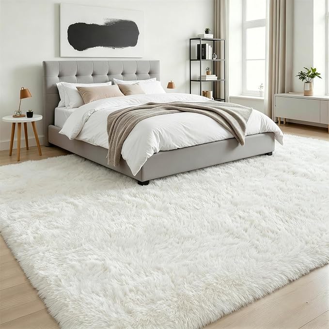 8x10 Area Rugs for Living Room Bedroom: Ultra Soft Fluffy Shag Rug Upgrade Non-Slip Non-Shedding Large Fuzzy Plush Carpet Indoor Floor Carpets for Kids Room Playroom Nursery Dorms Home Decor Ivory