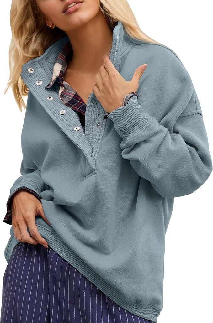 Gacaky Sweatshirt for Women Oversized Casual Long Sleeve Button Henley Neck Pullover Tops Fashion Outfits Clothes