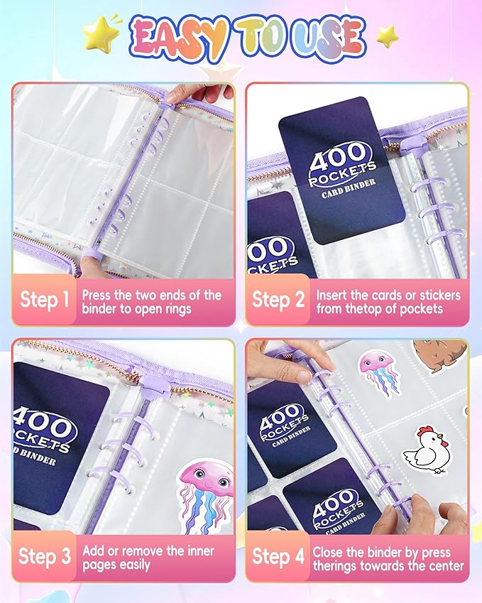 4 Pocket Card Binder with 20 Stickers, A5 Kpop Photocard Binder for 400 Cards, Trading Card Binder, Card Collection Binder, Cute Mini Card Binder for Gifts (Purple)