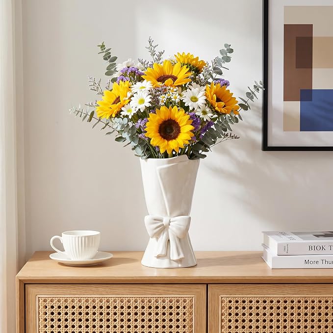 Relexome Fully Glazed White Ceramic Bow Vase 9.64 in Unique Cute Modern Decorative Bouquet Flower Vases for Home Living Room Table Summer Decor Women Gifts