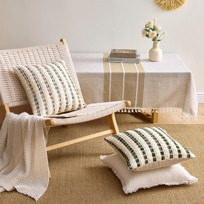 ANRODUO Boho Chenille Decorative Pillow Covers 20x20 Set of 2 Green White | Textured Tufted Stripes Woven Cushion Case, Farmhouse Accent Neutral Pillowcase for Couch Sofa Bed Living, Room Decor