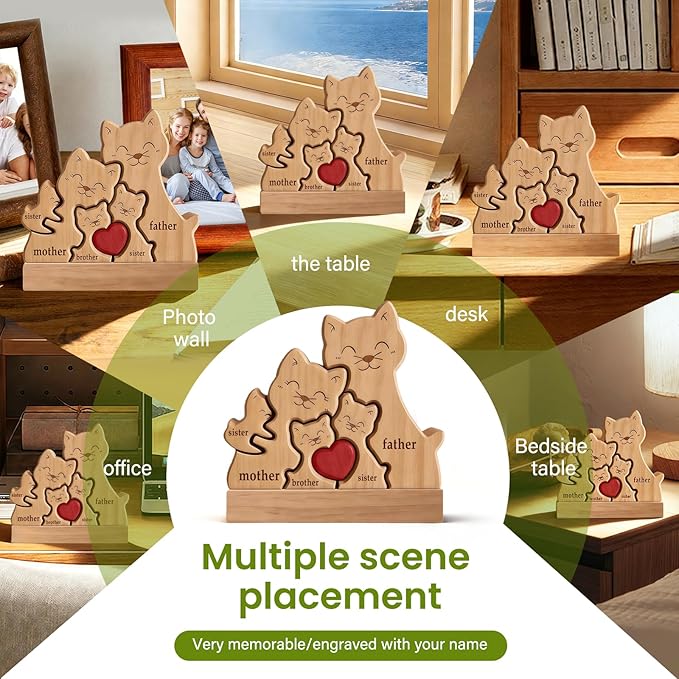 Personalized Wooden Cat Family Puzzle with 2-5 Names - Custom Kittens Art Figurine with Red Heart - Cute Animal Statue Gift for Cat Lover Mom Grandma Birthday Christmas Housewarming Decor