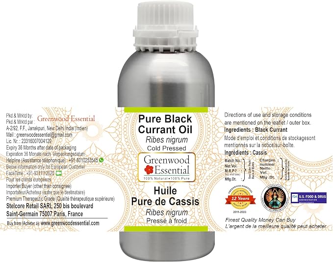 Greenwood Essential Pure Black Currant Oil (Ribes nigrum) Cold Pressed 300ml (10 oz)