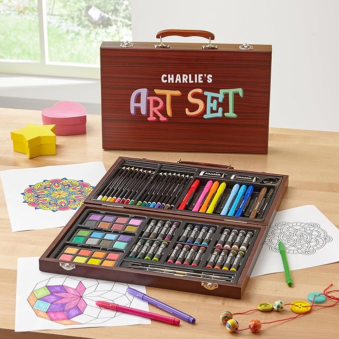 Let's Make Memories Personalized 80-Piece Deluxe Art Set - for Kids - Wood Carrying Case - Oil Crayons, Colored Pencils, Watercolors - Arts & Crafts - Palette Design - Add Name - My Art Set