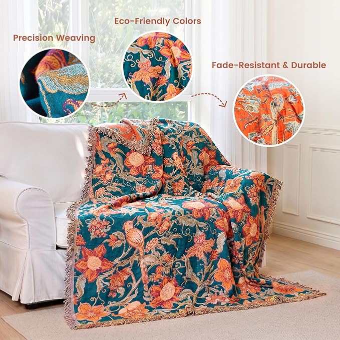 MSGKV Boho Throw Blanket 60"x80" 100% Cotton Floral Bird Blanket Couch Bed | 100% Cotton Throw, Floral Bird Design, Muslin Blanket, Summer Breathable, Farmhouse Home Decor, All Seasons, Machine Washable