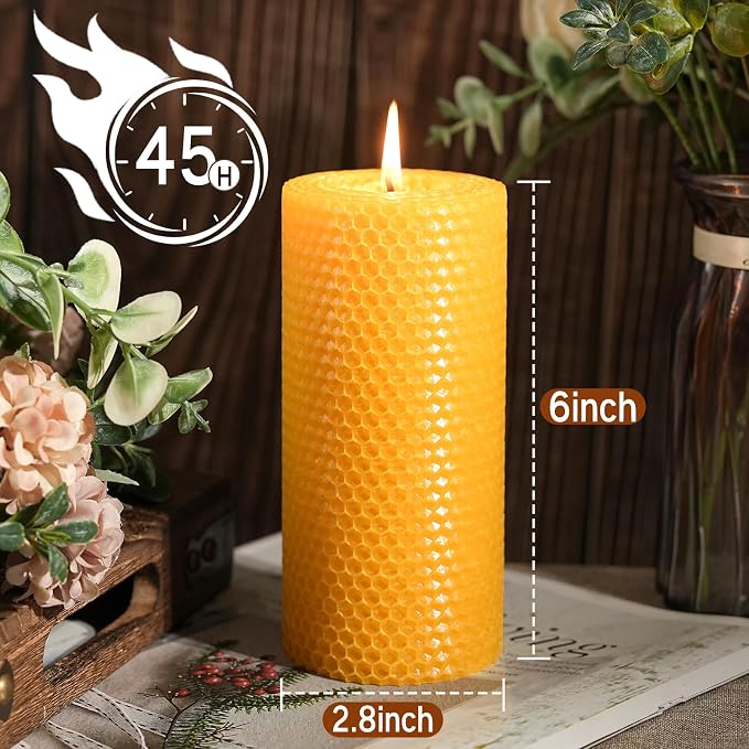2 Pack Beeswax Pillar Candles, 90 Hours 2.8x6 Inch Hand-Rolled Large Beeswax Pillar Candles, Handcrafted Honeycomb Bees Wax for Home, Candle Lovers (2.8x6 in)