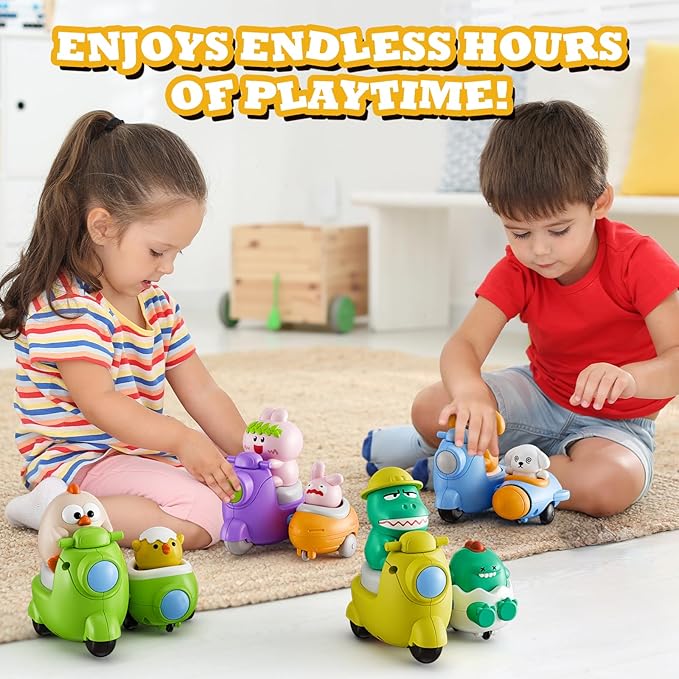 Press and Go 4-Pack Animal Car Toys for Toddlers 1-3, Dinosaur Toy Push Cars for 1 Year Old Boys Girls - Baby Toys 12-18 Months, Safe Push & Go Vehicles for 1st Birthday Gifts & Christmas.