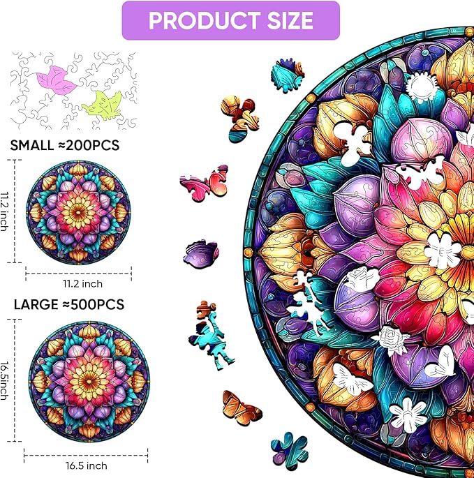 MEATRN Mandala Flowers Wooden Puzzles for Adults - 500 Pcs, 16.5x16.5 in, Fun Educational Wood Jigsaw Puzzle, Relaxing Wood Puzzle Game for Family & Friends Birthday Gift