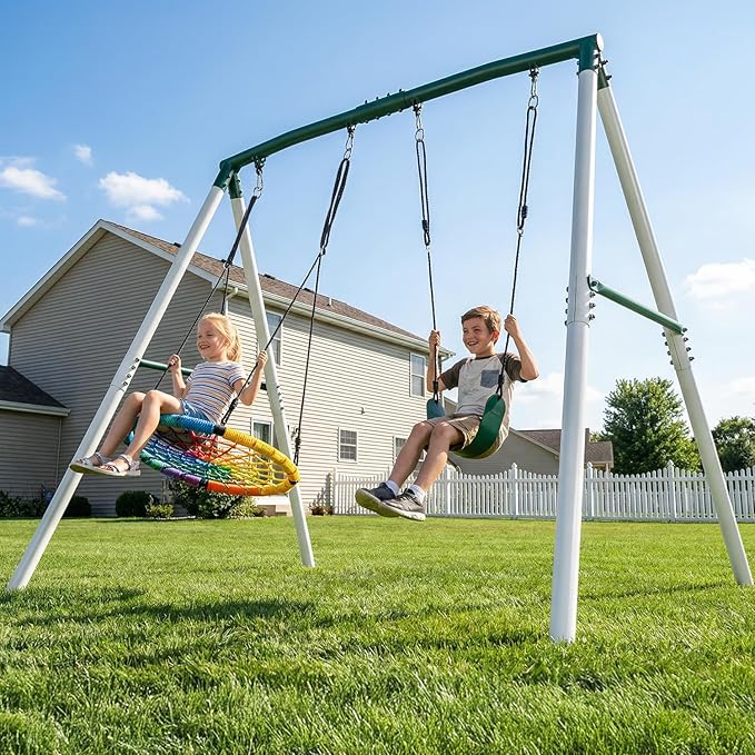 Hapfan 7.5ft Tall Swing Sets for Backyard, 500lbs Heavy Duty Metal Swing Set for Kids and Adults with Spider Swing and Belt Swing, A-Frame Outdoor Swingset Play Equipment (Green and White)