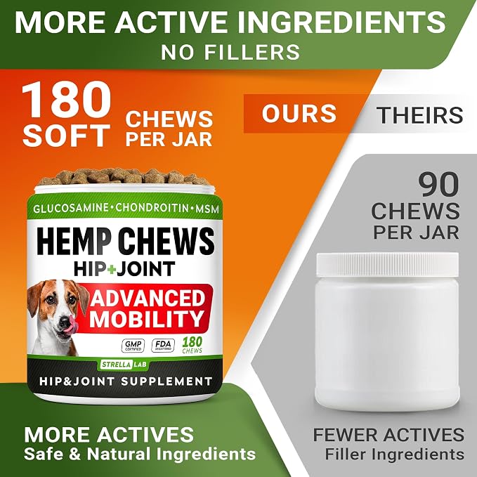 STRELLALAB Hemp Chews for Dogs - Hip & Joint Supplement with Glucosamine - Joint Pain Relief Treats - Omega 3, Chondroitin, MSM - Advanced Mobility Support - Chicken Flavor - 180 Ct - Made in USA