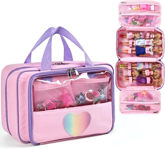 Carrying Case Compatible with Barbie Dolls 12-Inch/6-inch, All-in-One Organizer Holds 6-12 Dolls & Accessories，Large Doll Travel Case with Handle, Bag Only (PINK)