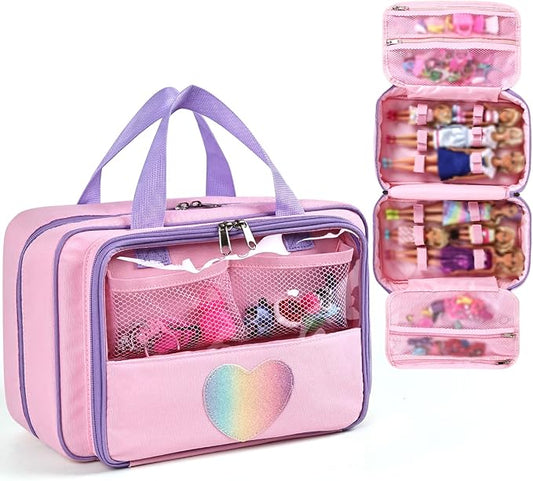 Carrying Case Compatible with Barbie Dolls 12-Inch/6-inch, All-in-One Organizer Holds 6-12 Dolls & Accessories，Large Doll Travel Case with Handle, Bag Only (PINK)