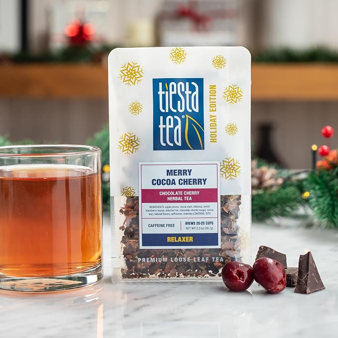 Tiesta Tea Merry Cocoa Cherry Premium Loose Leaf Tea, Chocolate Cherry Herbal Blend, Caffeine Free, Hot or Iced, Brew Up to 25 Cups, Holiday Edition, Gift, Resealable Bulk Pouch, 2 Ounce