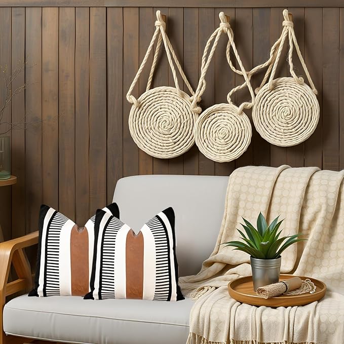 Set of 2 Striped Boho Throw Pillow Covers 16x16 inch, Modern Leather Pillow Cover for Couch Sofa Bed, Farmhouse Decor Patchwork Accent Pillowcase, Black