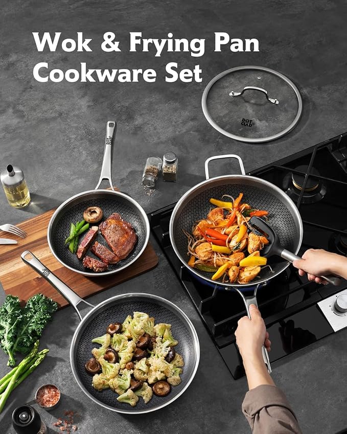 DOTCLAD 3-Piece Hybrid Stainless Steel Cookware Set-12 Inch Wok with Lid,10 Inch Frying Pan,12 Inch Skillet with Lid-Non Stick,PFOA Free,Dishwasher&Oven Safe,Induction Compatible,Cookware Set.
