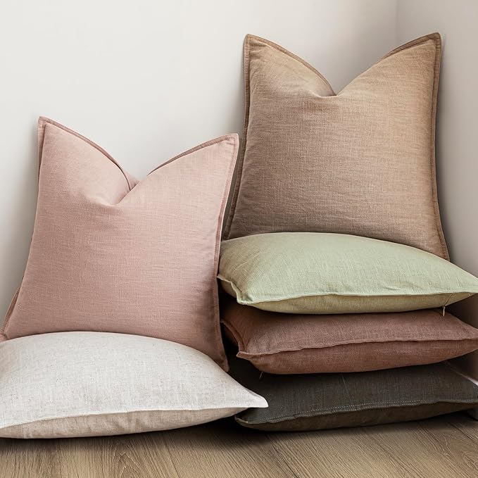 Foindtower Pack of 2, Decorative Linen Solid Throw Pillow Covers Accent Soft Cushion Case Farmhouse Boho Pillowcase for Couch Sofa Chair Bedroom Living Room Home Decor 18 x 18 Inch Light Sage Green
