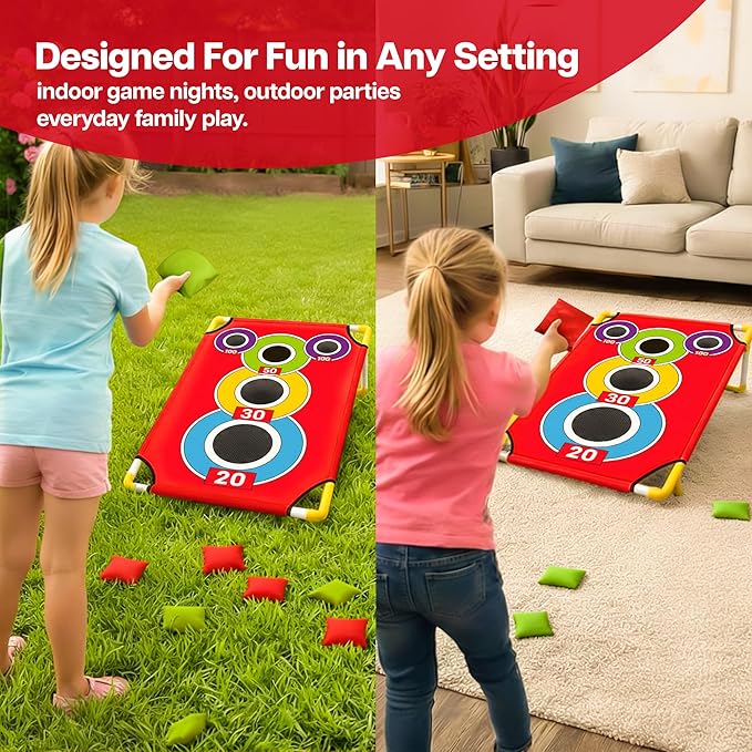 Cornhole Board Set with 21+ Games, 8 Bean Bags - Arcade Style Corn Hole Games for Adults and Kids, Portable Outdoor Yard Games for Kids & Family, Beach, Camping and Parties, 24x36