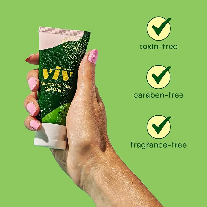 Viv for your V Premium Menstrual Cup & Disc Gel Wash, Gentle, Safe, Cleanser to Wash Reusable Silicone Period Cups & Discs, Free of Toxins, Parabens, and Fragrances, 2 fl. oz.
