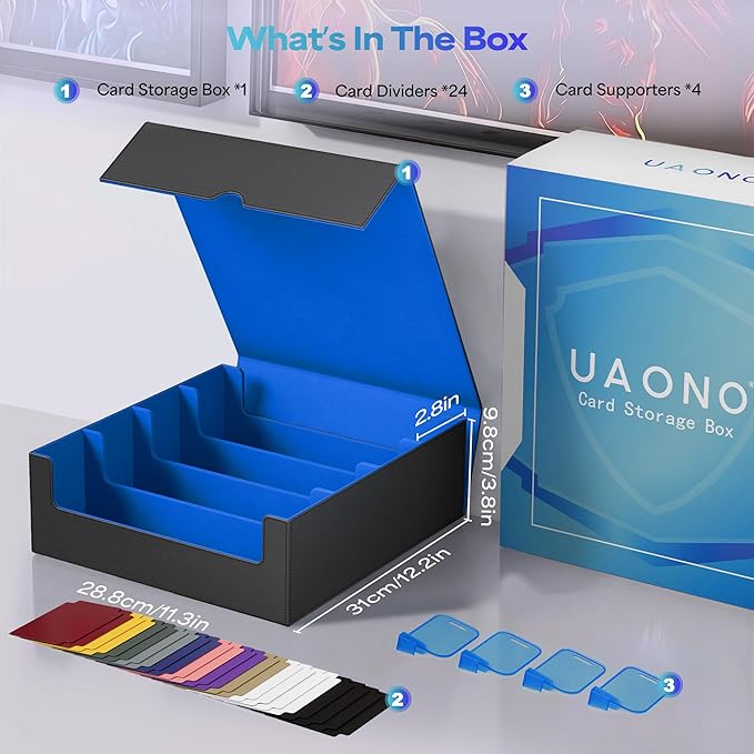 UAONO Trading Card Storage Box, Holds 2400 Sleeved Cards with 24 Dividers & 4 Stoppers, Magnetic Closure PU Leather Card Case for MTG, PTCG, YGO, Sports Cards (Black&Blue)
