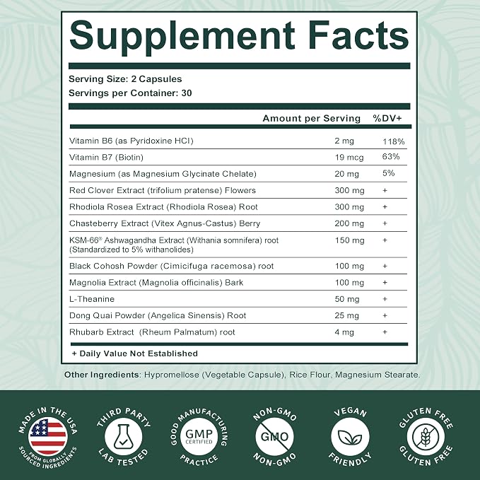 PurePremium Menopause Supplements for Women with KSM-66® Ashwagandha, Rhubarb Extract & Black Cohosh - Hot Flashes, Night Sweats, Perimenopause Support - Hormone Balance & Cortisol Support - 60 Count