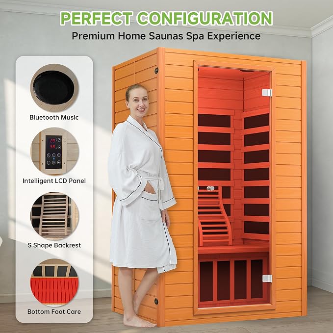 Real Relax Infrared Sauna, 2 Person Low EMF FAR Infrared Saunas for Home, Indoor Personal Canadian Hemlock Wood Sauna with 9 Chromo Therapy Lights, Bluetooth Speakers for Home & Gym Spa