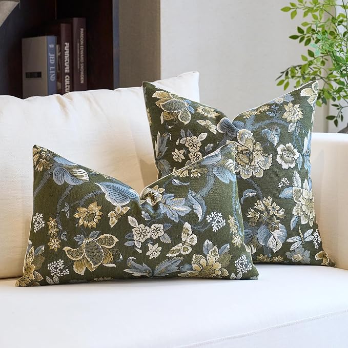 Neutral Floral Pillow Cover 18x18, Vintage Linen Square Pillow Cover Soft Decorative Farmhouse Accent Pillow Cases for Couch Bedroom Living Room Home Decor, Green