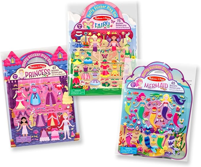 Melissa & Doug Puffy Sticker Activity Books Set: Princess, Mermaid, Fairy - 180+ Reusable Stickers - FSC Certified