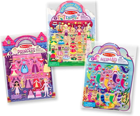 Melissa & Doug Puffy Sticker Activity Books Set: Princess, Mermaid, Fairy - 180+ Reusable Stickers - FSC Certified