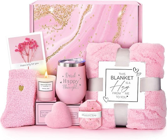 Christmas Birthday Get Well Self Care Gifts Basket for Women Unique | Luxury Rose Relaxing Spa Thinking of You Sympathy Gift Set w/ Blanket for Mom Friend Sister Her Wife Daughter Girlfriend