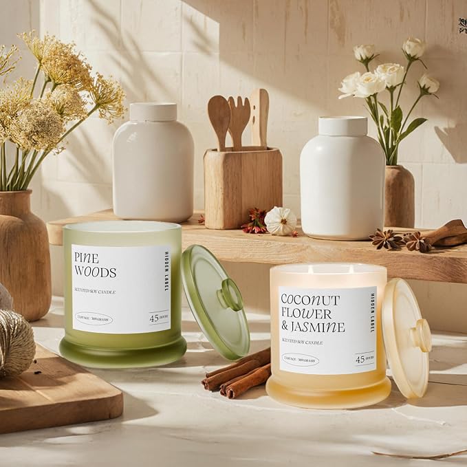 Hidden Label Pine Woods Soy Candle, 13oz 2-Wick, 45H Winter Holiday | Long Burn | Christmas Fir Aromatherapy | Non-Toxic Formula | Twin-Flame, Even Melt | Festive Gift