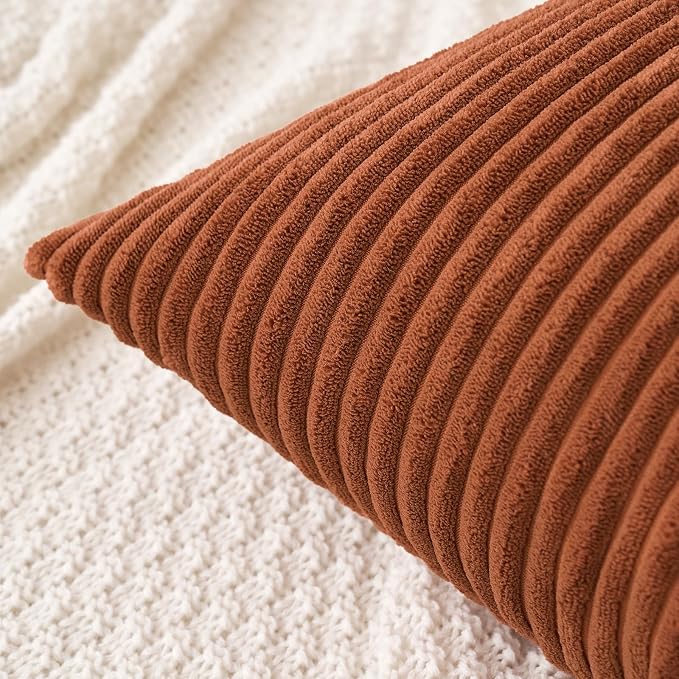 MIULEE Fall Soft Corduroy Throw Pillow Covers Set of 2 20x20 Dark Rust | Decorative Striped Textured Cushion Cases, Boho Rustic Square Pillowcases, Home Decor for Couch Chair Sofa Bed Living Room