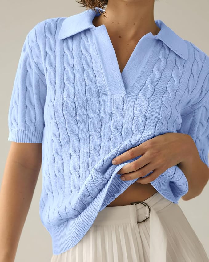 Imily Bela Womens Cable Short Sleeve Sweaters Tops Lapel V Neck Knit Shirt | Solid,Knit Casual,Soft Pullover,Fall Sweaters,Womens Summer Work Tops