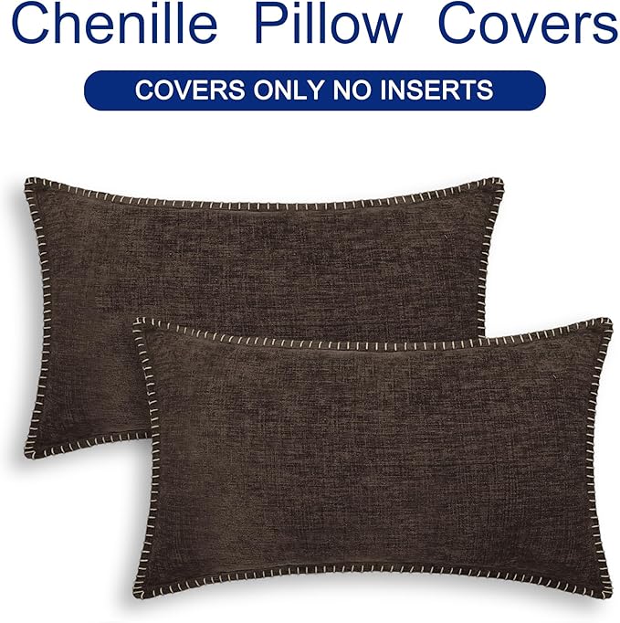 CaliTime Decorative Couch Throw Pillow Covers 20 X 12 Inches Coffee | Pack of 2, Cozy Chenille Cushion Cases, Cotton Thread Stitching Edges, for Sofa Bed Living Room Farmhouse